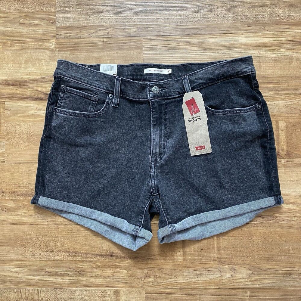 NWT Levis Sz 16 W33 Washed Black Denim Mid-Length 4” Jean Shorts Cuffed Stretch